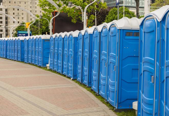 a line of portable restrooms set up for a wedding or special event, ensuring guests have access to comfortable and clean facilities throughout the duration of the celebration in Brighton